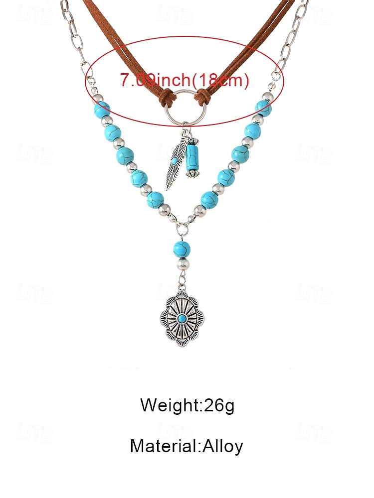 Women's Bohemian Layered Necklace with Turquoise Beads, Silver Chain, Feather & Flower Pendant, Faux Suede Strap, Casual and Vacation 2026 - $11.99 –P6