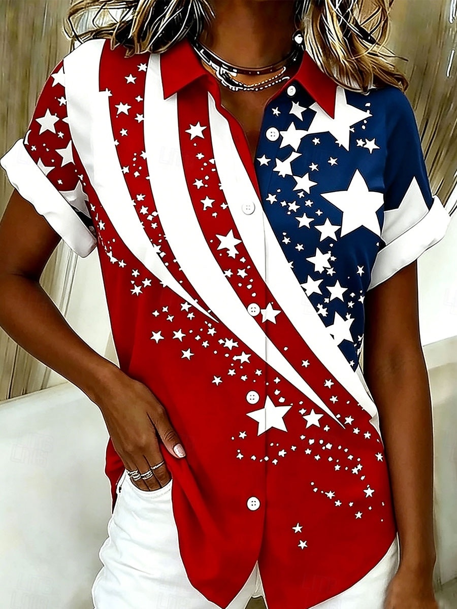 American Independence Day Women's Shirt Short Sleeve Graphic Flag Vintage Stylish Casual Shirt Collar Regular Tops Daily White Red Summer Spring 2026 - $11.49 –P4