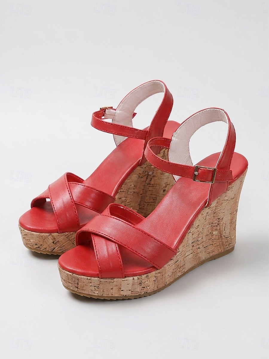 Women's Vibrant Red Wedge Sandals - Retro Cross-Strap Platform Shoes with Cork Texture Sole & Adjustable Buckle for Outdoor Vacations, Tropical Cruises & Summer Parties 2026 - $29.99 –P4