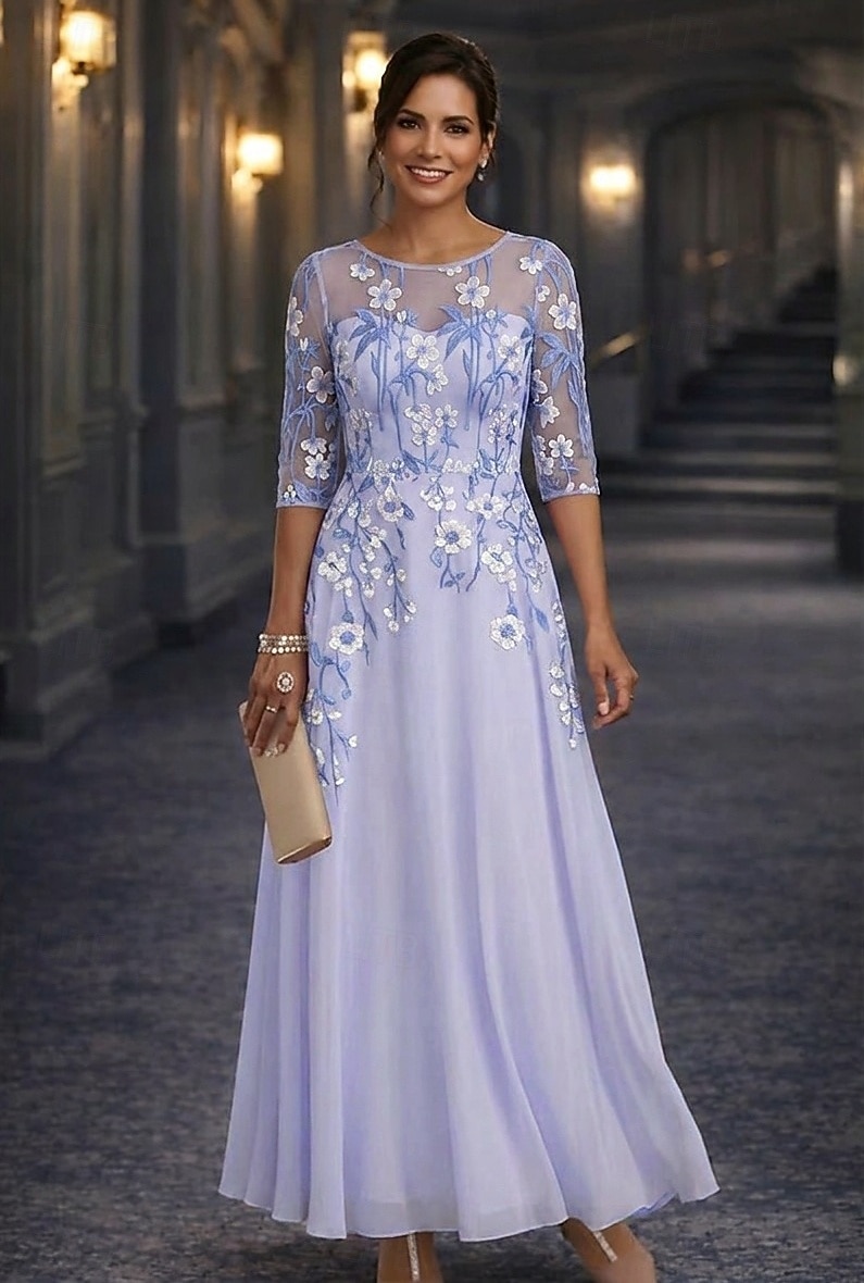 A-Linie Bodenlang Spitzenkleid Brautmutterkleid Langarm Dreiviertelarm Rundhalsausschnitt Elegant Vintage Formell Hochzeitsgast Hochzeitsfeier Chiffon Spitze mit Stickerei Applikationen Blume 2026 - $137.99 –P2