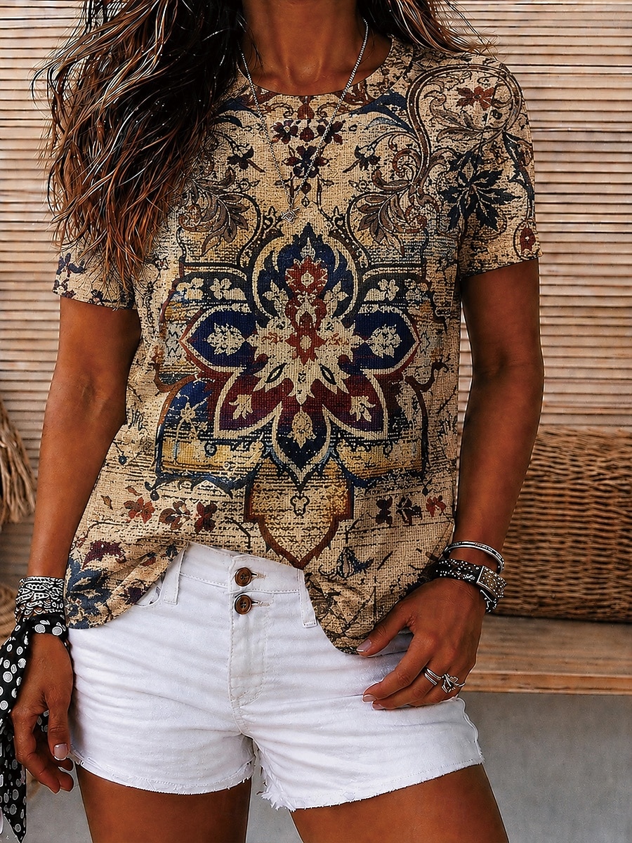 Damen T Shirt Druck Blumen Grafik Geometrisch Vintage Stilvoll Lässig Kurzarm Rundhalsausschnitt V Ausschnitt Rundhals Normale Oberteile Lässig Täglich Wochenende Braun Grün Sommer Frühling Herbst 2026 - $21.99 –P3