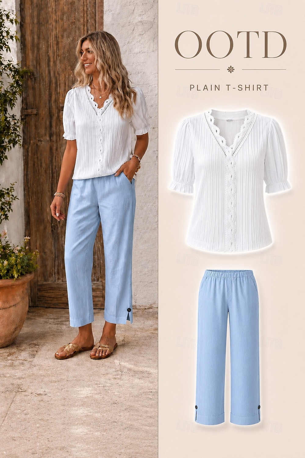 Mujer Camiseta Camiseta superior Encaje Retazos Plano Moda Elegante Clásico Manga Corta Escote en Pico Tops regulares Diario Noche Fin de semana Blanco Amarillo Azul cielo Morado Verano Primavera 2026 - $19.99 –P1