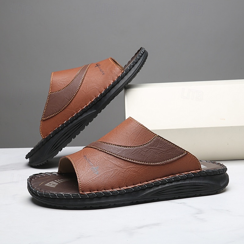 Sandálias masculinas bicolor pretas e brancas, modelo slide, com bico aberto, costuradas à mão, confortáveis e casuais para o verão, ideais para uso diário, férias, em casa e momentos de lazer ao ar livre. de 2026 por $34.99 –P12
