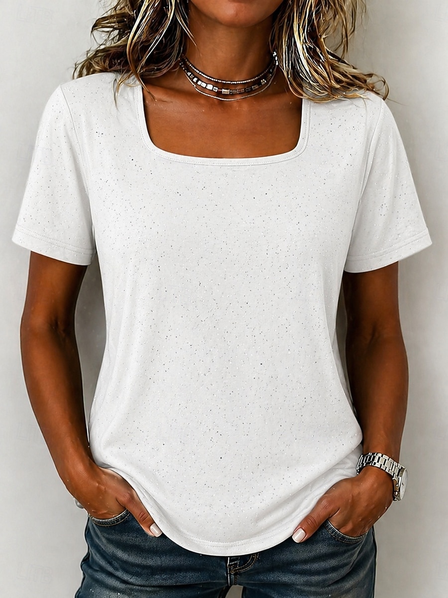 Dam T-shirt T-tröja Strass Ensfärgat Mode Stylish Klassisk Kortärmad Fyrkantig hals Vanliga toppar Ledigt Dagligen Utekväll Svart Vit Brun Grå Sommar Vår 2026 - $19.99 –P9