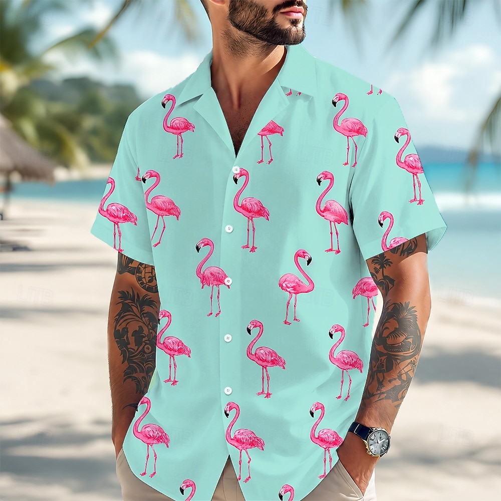 Voor heren Flamingo Hawaiiaans overhemd Tropische shirts Aloha-shirt Korte mouw Hawaii Dagelijks Strandvakantie Zomer Lente Strijkijzer 3D-afdrukken Overhemden met knoopjes blauw Blozend Roze Groen 2026 - $25.99 –P2