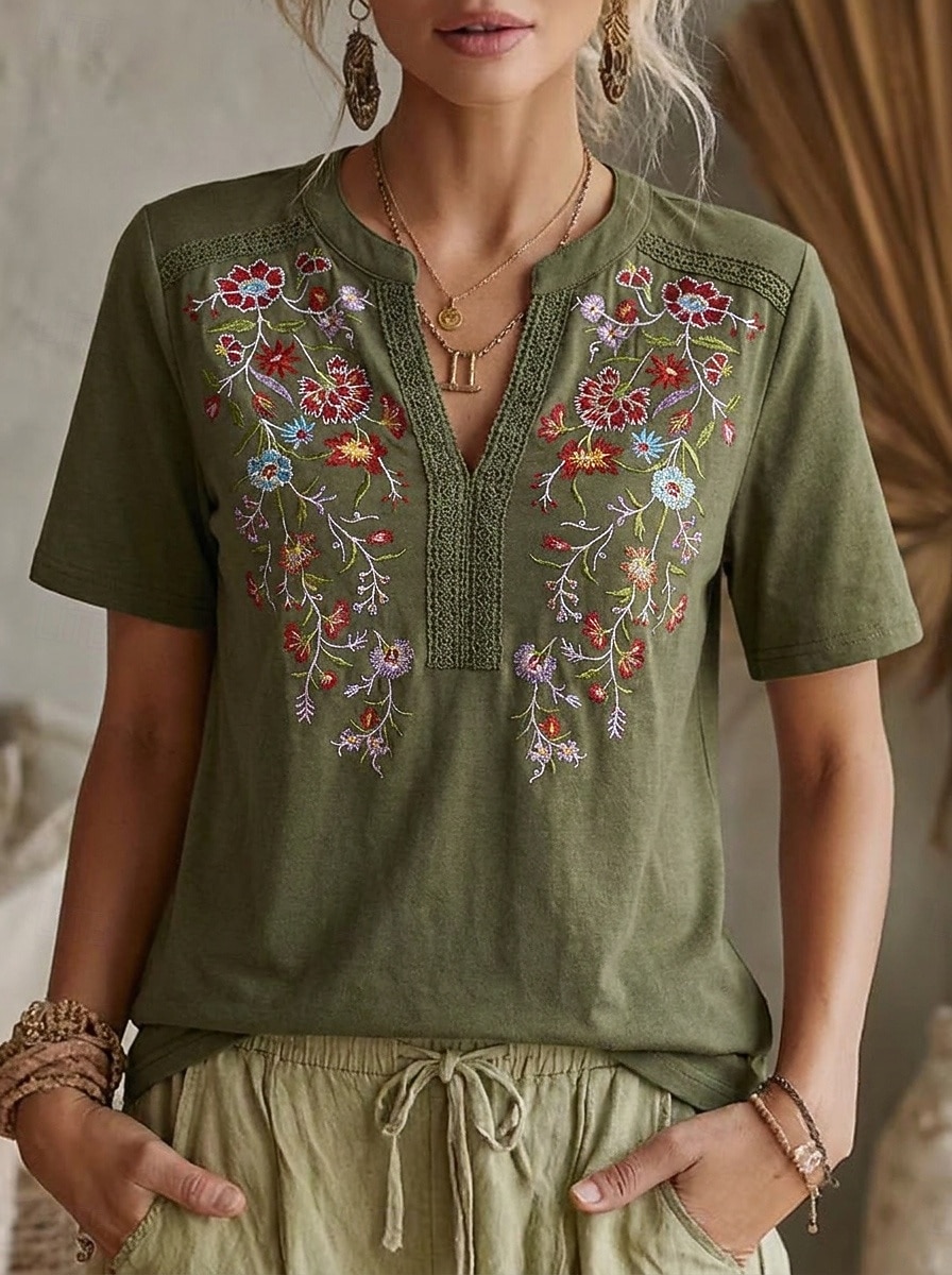 Femmes Chemisier Hauts en dentelle Chemises brodées Dentelle Broderie Fleuri ancien Boho Manche Courte Col en V Hauts Réguliers Occasionnel Fête Été Noir Vert Véronèse bleu marine Violet Marron Ét de 2026 ? $22.99 –P3