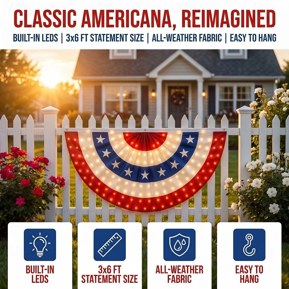 LED-belyst amerikansk patriotisk flaggstavle, plissert fanflagg til 250-årsjubileum for grunnleggelsen, 3x6 fot, dekorasjon til utendørs verandarekkverk i anledning 250-årsjubileet for 4. juli 2026 - $37.99 –P3