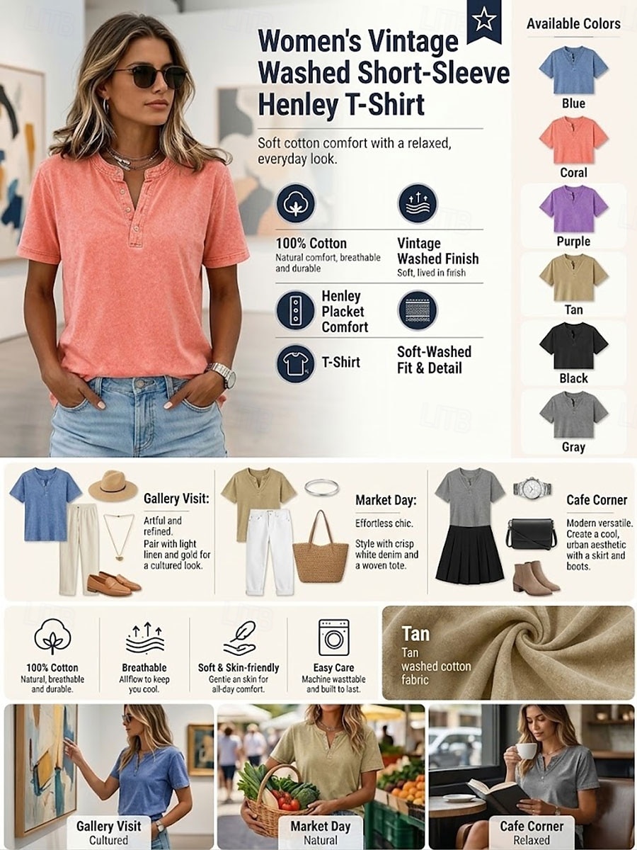 softfade™ dameskjorte i 100 % bomull, henley, vintage, mote, stilig, kortermet, vanlige topper, avslappet, strand, blå, khaki, svart, lilla, oransje, vår 2026 - $28.99 –P2