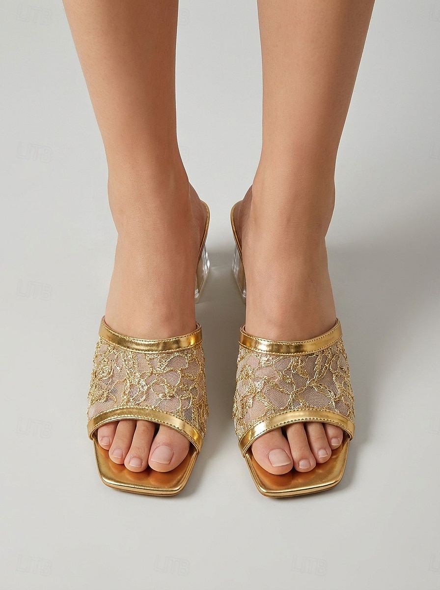 Elegante goldene Damen-Mules mit Blockabsatz aus Mesh: Raffinierte Hochzeitsschuhe für die Mutter der Braut 2026 - $34.99 –P3