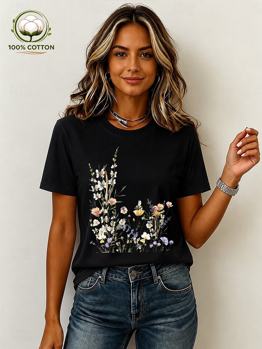 Women's 100% Cotton T Shirt Print Floral Graphic Vintage Stylish Casual Short Sleeve Crew Neck Regular Tops Casual Daily Weekend Light Beige Black White Pink Summer Spring 2026 - $21.99 –P4