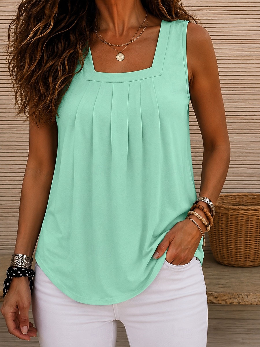 Mujer Tanque Color sólido Vintage Elegante Básico Sin Mangas Escote Cuadrado Tops regulares Casual Diario Azul Piscina Blanco Naranja Verde Trébol Gris Verano Primavera 2026 - $21.99 –P3