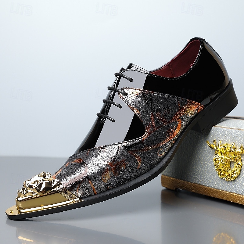 Męskie czarno-brązowe abstrakcyjne buty typu derby z metalowym noskiem, eleganckie buty sznurowane dla stylowych mężczyzn, na wesela, imprezy, bale maturalne i występy sceniczne 2026 - $46.99 –P1