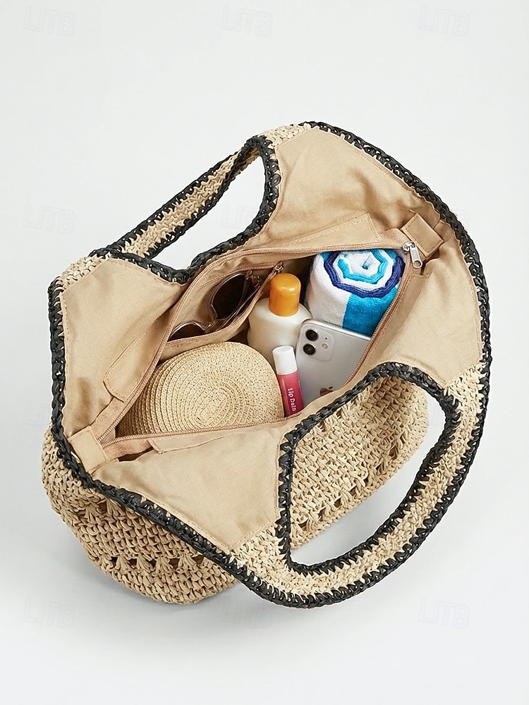 Borsa a tracolla da donna in stile bohémien intrecciata, colore beige kaki, capiente, con cerniera, ideale per vacanze al mare, viaggi e abbigliamento casual quotidiano. del 2026 a $19.99 –P9