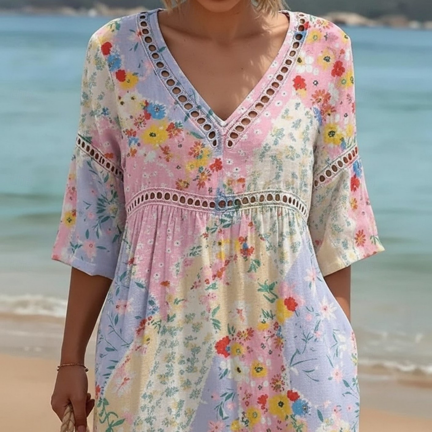 Damen Midikleid Shiftkleid Sommerkleid Urlaub Party Lässig Täglich Strand Party Lässiger Schnitt Blumen Grafik Dreiviertelarm V Ausschnitt Blau Hellgrün Rosa Rosa Sommer Frühling 2026 - $37.99 –P6