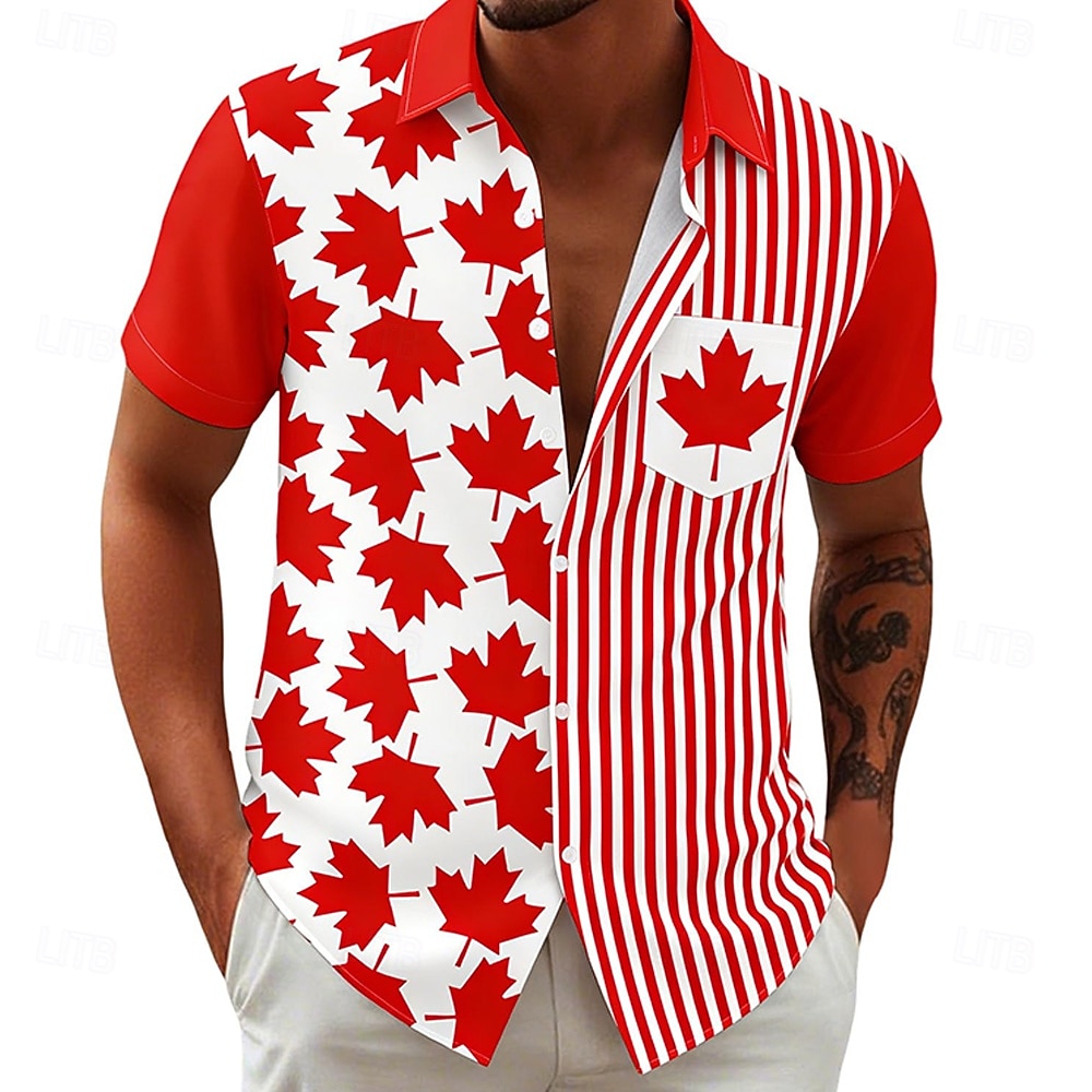 Canada Day Men's Striped Maple Leaf National Flag Shirt Summer Shirt Button Up Shirt Short Sleeve Patriotic Outdoor Holiday Summer Spring Turndown 3D Print Collared Shirts Front One Pocket Red 3 Red 2026 - $25.99 –P1