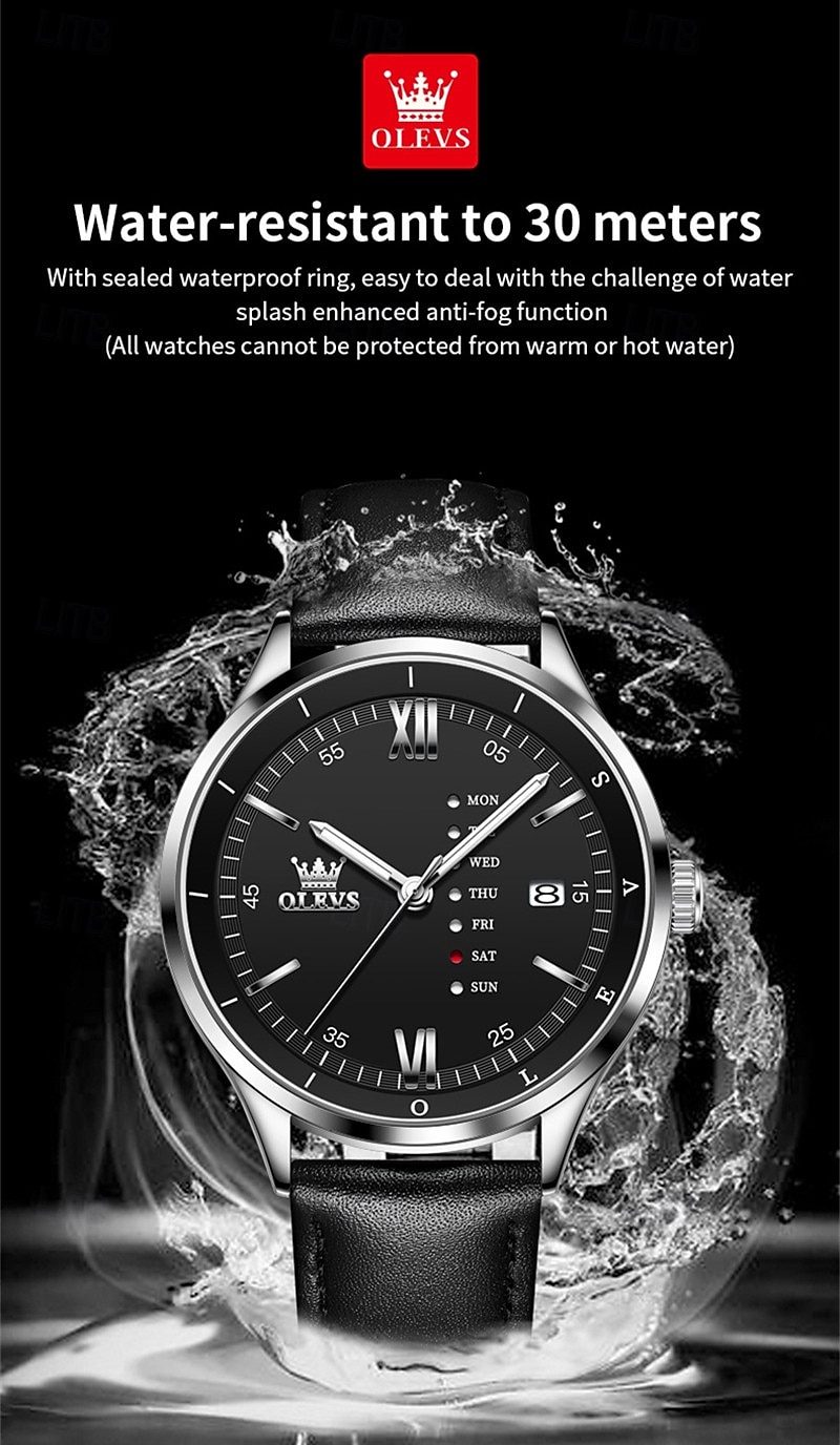 OLEVS Men's Luxury Watch Business Fashion Quartz Wristwatch Waterproof Leather Strap Blue Sunray Dial with Unique Day Date Display Luminous Hands Roman Numerals Dress Watch for Male Gift 2026 - $31.99 –P12