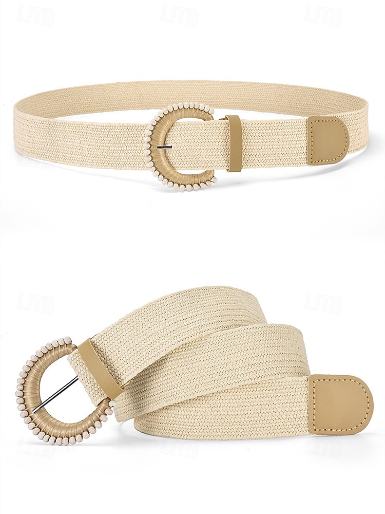 Women's Boho Straw Woven Belt, Wide Raffia Waist Belt with Beaded Buckle, Casual Cinch Belt for Summer Beach Vacation & Daily Wear, Khaki/Beige 2026 - $11.99 –P8
