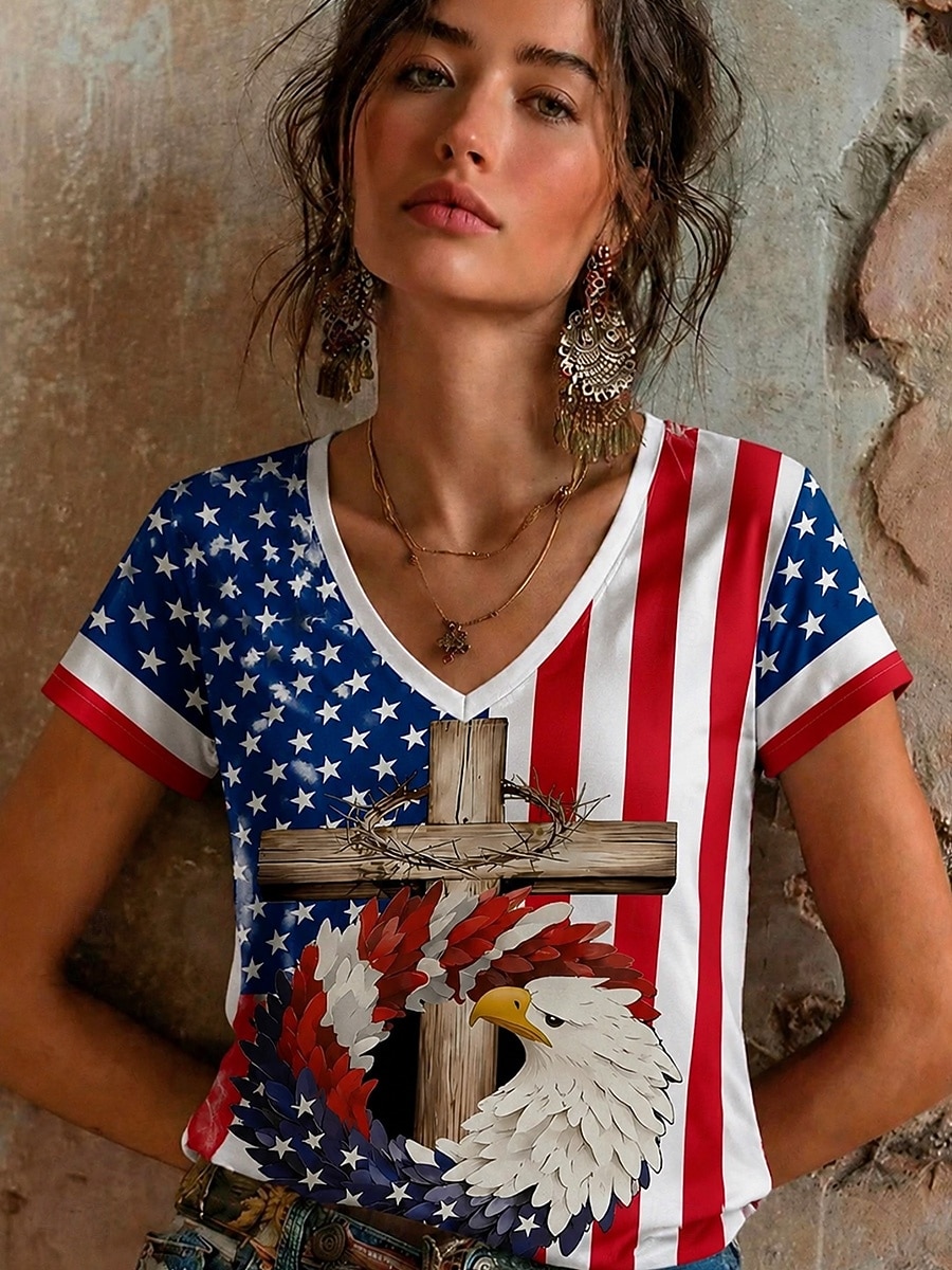 día de la independencia americana Mujer Camiseta Estampado Floral Graphic Letra Elegante Clásico Casual Manga Corta Escote en Pico Tops regulares Casual Diario Azul Piscina Negro Rojo Azul Marino 2026 - $21.99 –P3