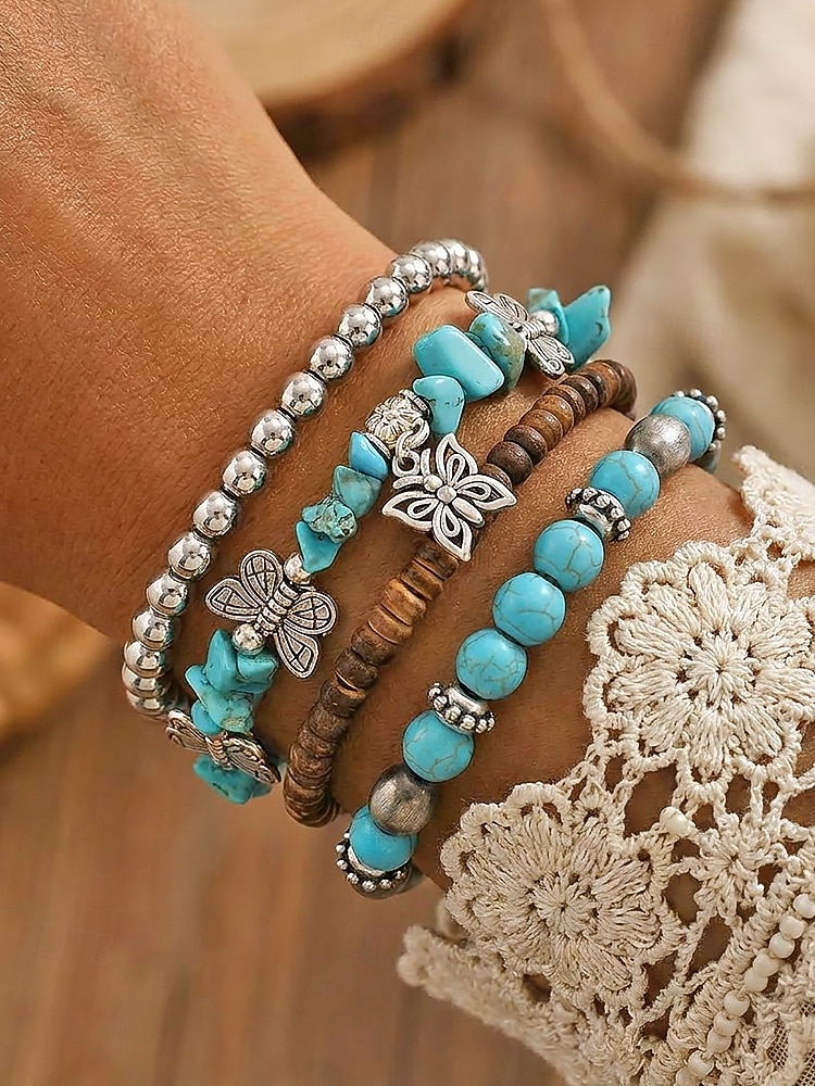 Dámská sada náramků v boho stylu s tyrkysovou barvou - vícevrstvé korálkové stohovatelné náramky s přívěskem motýl &slitinové doplňky pro letní dovolenou na pláži, každodenní nošení &dárek z hippie 2026 - $11.99 –P1