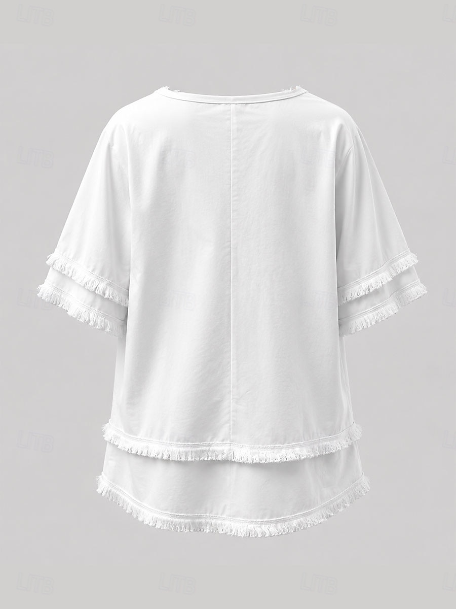 Dame Bluse Helfarge Årgang Stilfull Grunnleggende Kortermet V-hals Vanlige topper Avslappet Daglig Blå Svart Hvit Gul Rosa Sommer Vår 2026 - $27.99 –P5