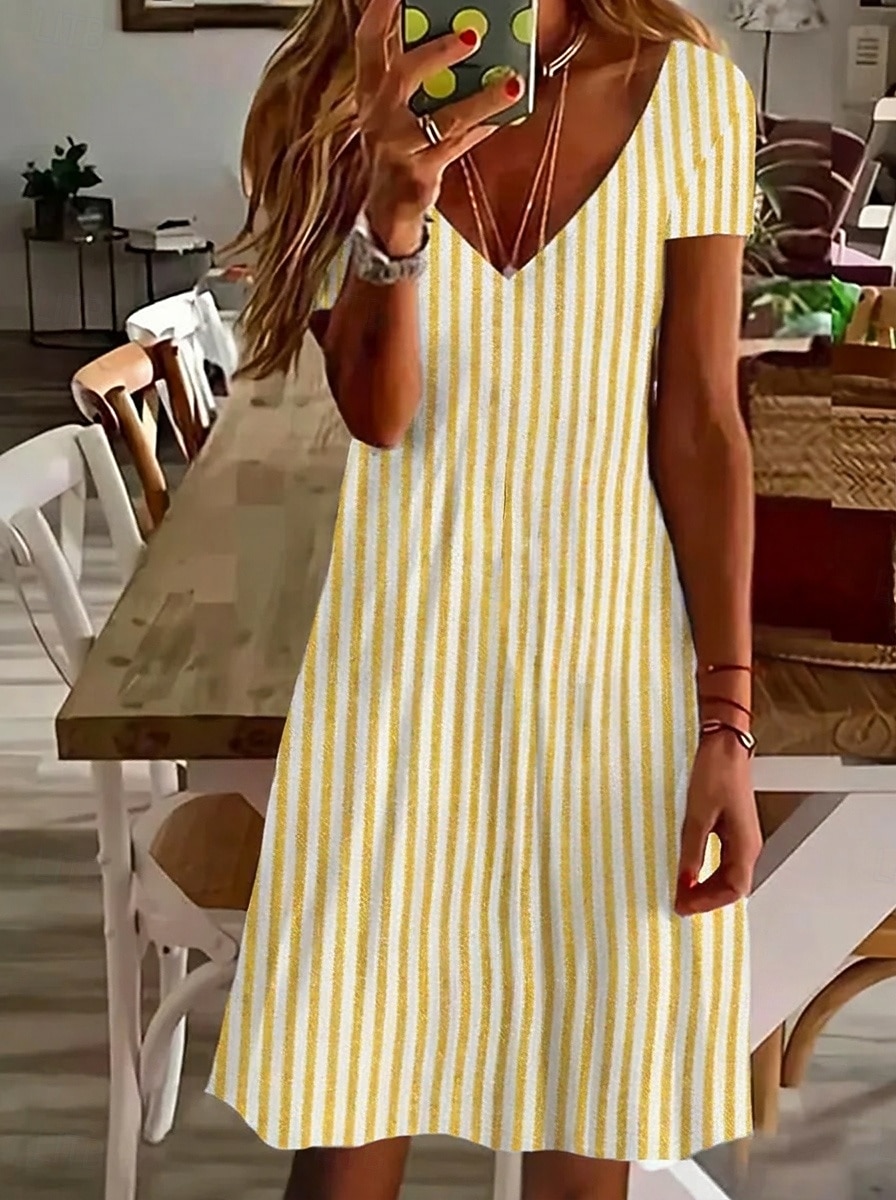 Women's Knee Length Dress Casual Dress Striped Dress A Line Dress Elegant Fashion Daily Vacation Regular Fit Striped Short Sleeve V Neck Blue Yellow Red Green Summer Spring 2026 - $26.99 –P4