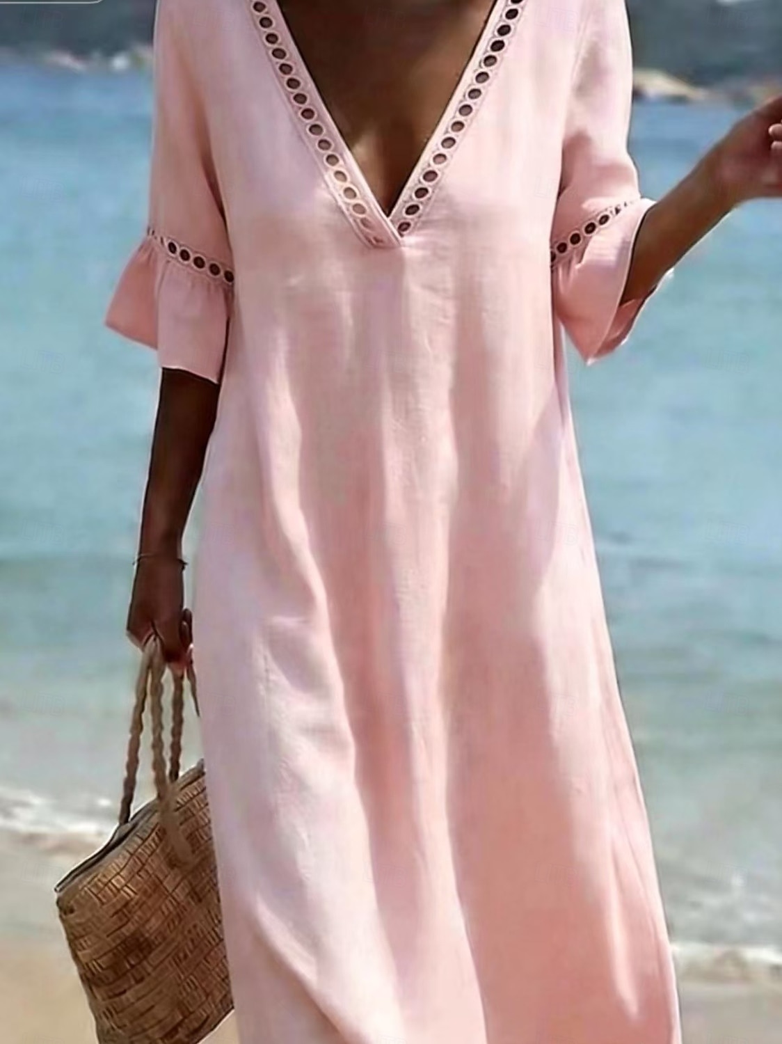 Mulheres Vestido midi Vestidos Para o Verão Elegante Férias Manga Princesa Praia Ajuste Largo Côr Sólida Meia Manga Decote mergulhador Azul Claro Branco Champanhe Verde Claro Verão Primavera de 2026 por $26.99 –P9