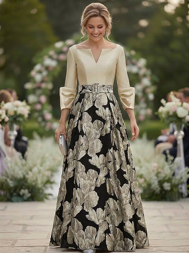 A-Line Floor Length Formal Dresses Evening Gown Mother of the Bride Dress 3/4 Length Sleeve V Neck Square Neck Elegant Simple Formal Wedding Guest Semi Formal Metallic Fabric Jacquard with Pleats 2026 - $171.99 –P1