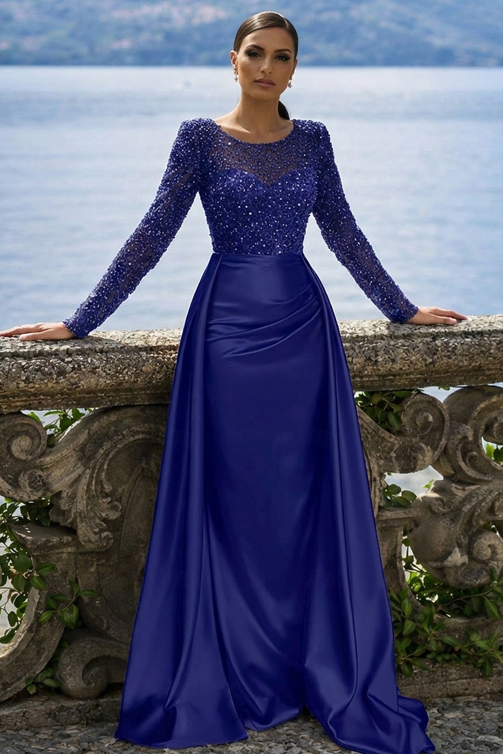 Sirena Tromba Lunghezza al pavimento Abito da Sera Elegante Brillare & Splendere Manica Lunga Scollo Illusione Carnevale Mascherata Abito Champagne per la Madre della Sposa Raso Con Paillettes con del 2026 a $183.99 –P14