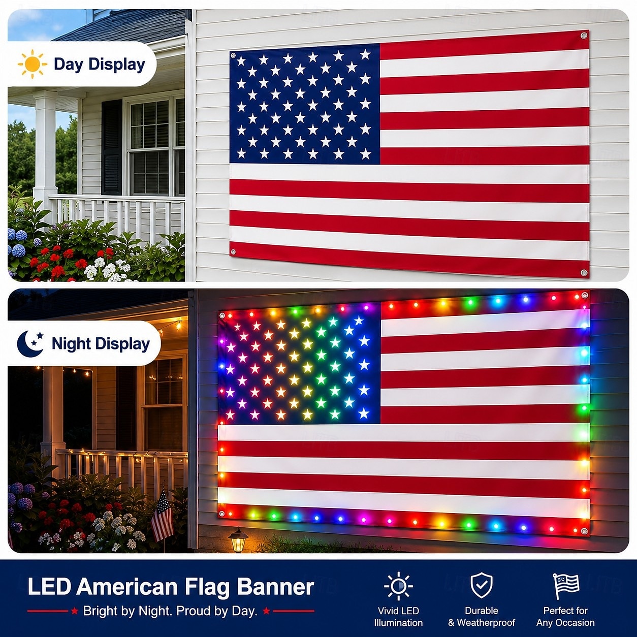 Luci a forma di bandiera americana per esterni, bandiera USA 3x5 piedi con 98 LED luminosi, controllo con pulsante funzione e spina USB, decora il tuo cortile o illumina importanti festività, colore del 2026 a $37.99 –P2