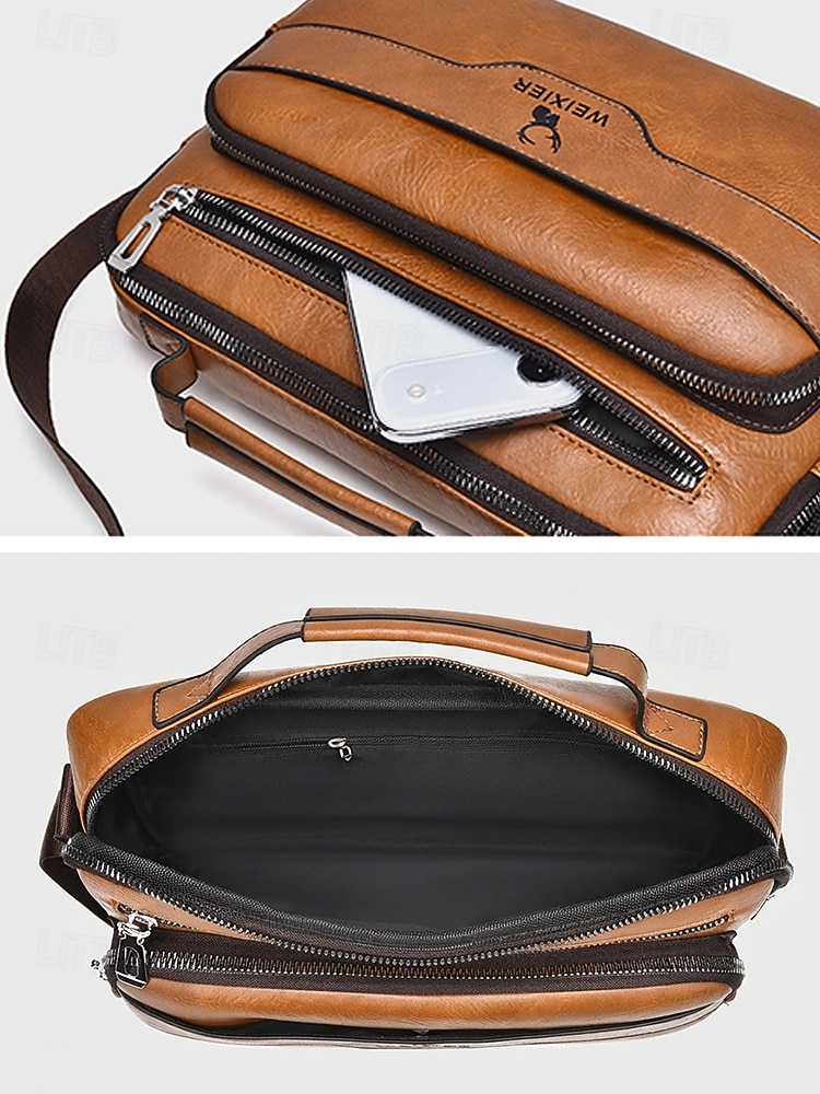 geantă messenger vintage bărbătească din piele ecologică - geantă de umăr crossbody de mare capacitate cu buzunare multiple &curea reglabilă pentru naveta de afaceri, călătorii &casual de zi cu zi, 2026 - $19.99 –P11