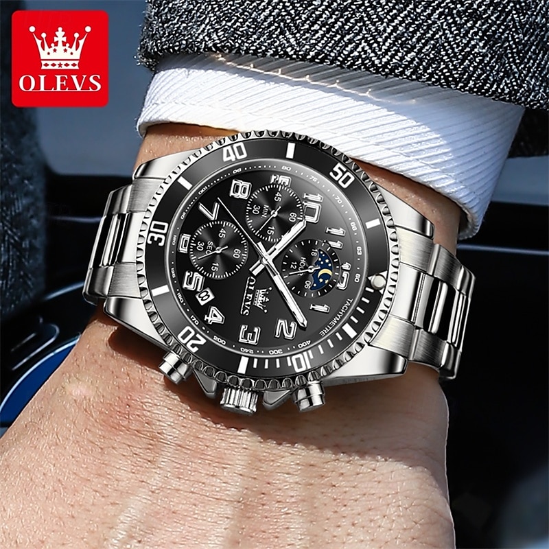 OLEVS Men's Chronograph Watch Luxury Green Face Two Tone Stainless Steel Moon Phase Waterproof Luminous Analog Quartz Wrist Watch for Men Big Face Fashion Sport Business Watch Gifts for Him 2026 - $39.99 –P16