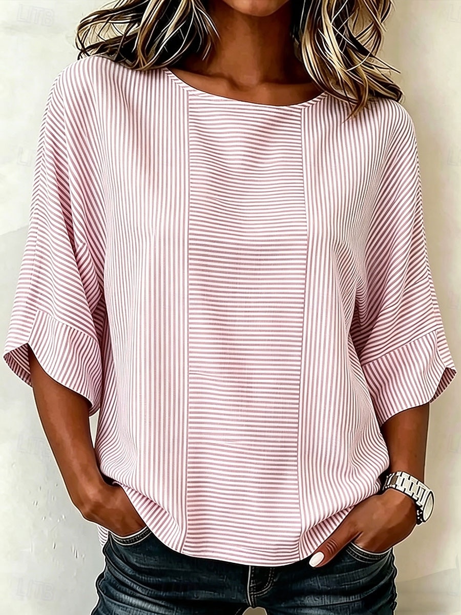 Dames Overhemd Afdrukken Grafisch Gestreept Vintage Dagelijks Stijlvol Halve mouw Strakke ronde hals Boothals Normale tops Casual Dagelijks Feestdagen blauw Blozend Roze Grijs Zomer Lente Herfst 2026 - $29.99 –P6