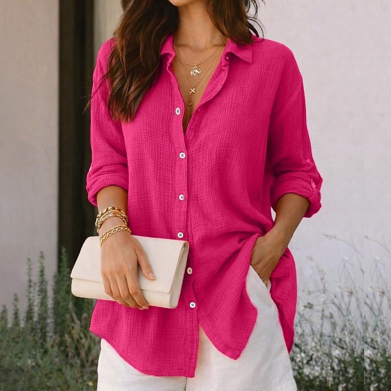 Women's Shirt Summer Shirt Casual Shirt Button Up Shirt Ruched Solid Color Plain Elegant Vacation Fashion Long Sleeve Turndown Long Tops Streetwear Beach Holiday Sage Green Pink Orange Rose Pink 2026 - $32.99 –P7