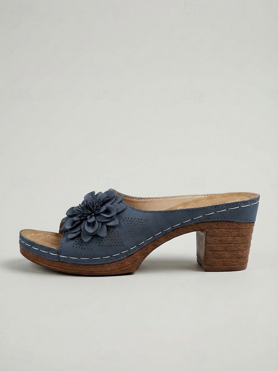 Sandalias azules de tacón ancho con estampado floral para mujer: cómodas sandalias tipo mule sin cordones con suela acolchada para viajar y comprar. &uso diario 2026 - $24.99 –P5