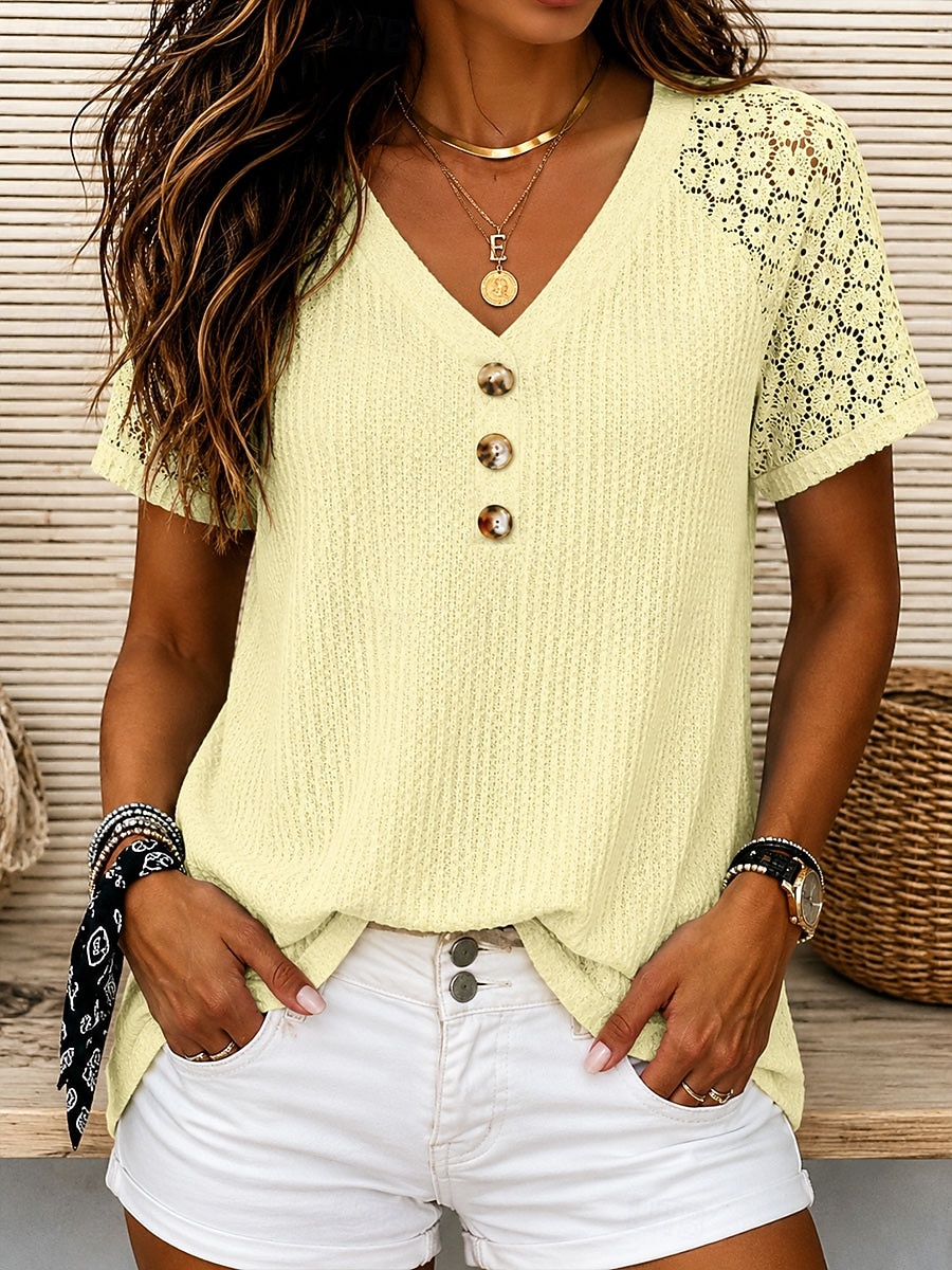 Women's T Shirt Lace Solid Color Vintage Stylish Casual Short Sleeve V Neck Regular Tops Casual Daily Blue White Yellow Pink Summer Spring 2026 - $24.99 –P4