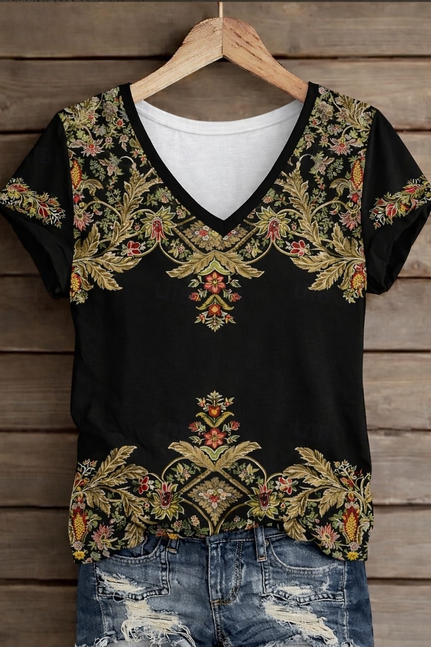 Women's T Shirt Print Floral Graphic Plants Vintage Stylish Classic Short Sleeve V Neck Regular Tops Daily Weekend Blue Brown Gray Summer Spring Fall Winter 2026 - $21.99 –P2