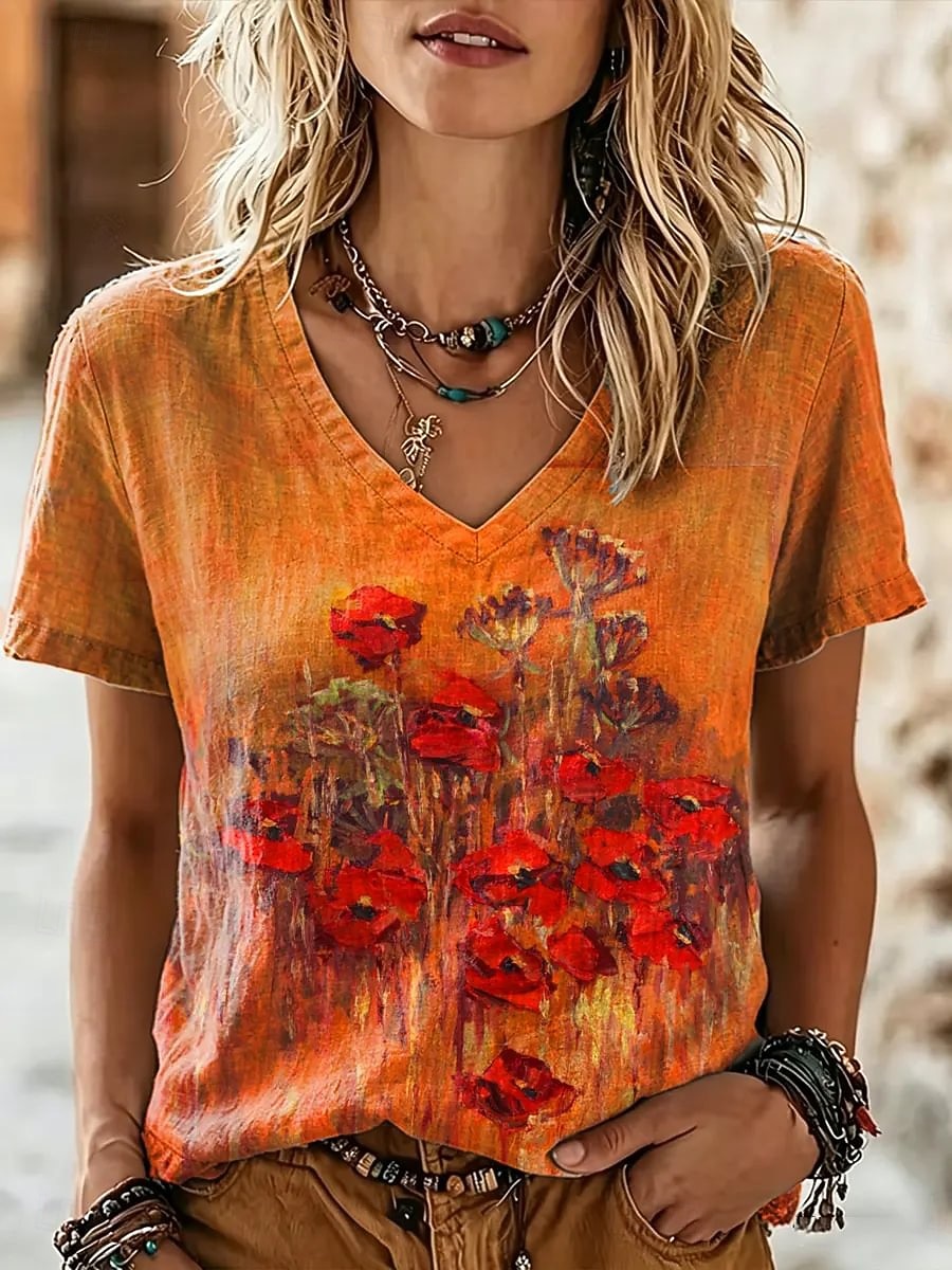 Women's T Shirt Print Floral Graphic Stylish Classic Casual Short Sleeve V Neck Regular Tops Casual Daily Blue Pink Orange Summer Spring 2026 - $21.99 –P1