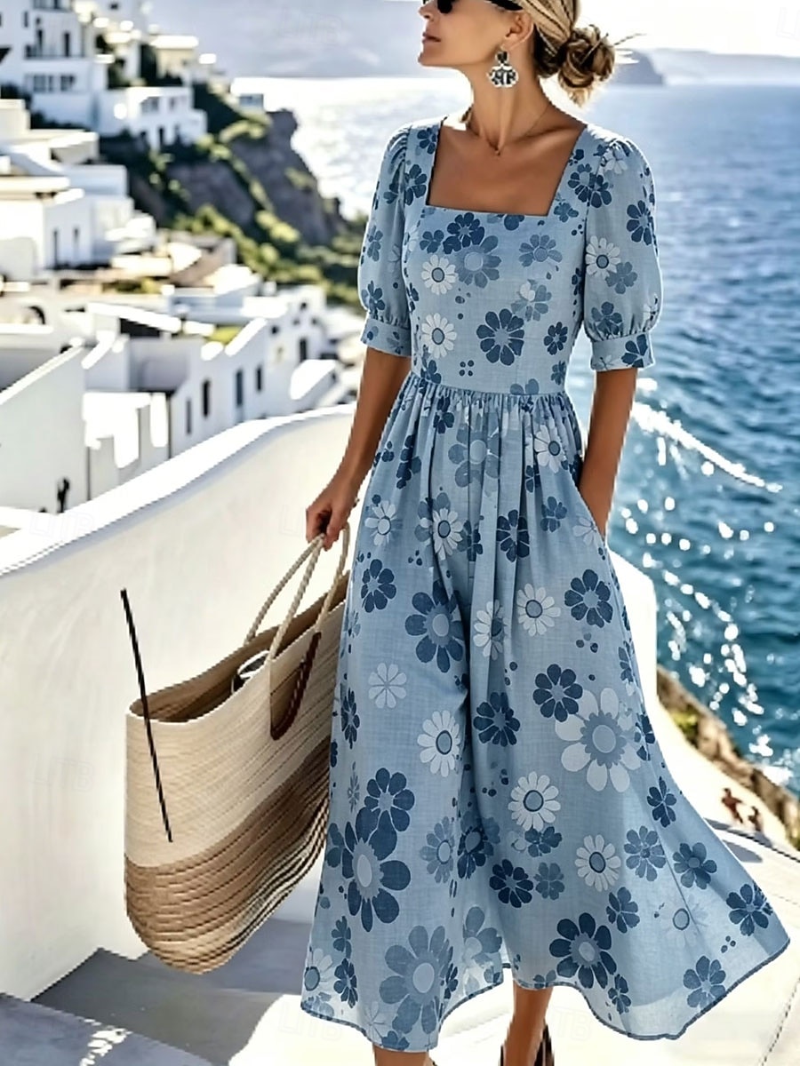 Per donna Abito Midi Vestito Casual Abito a trapezio Elegante Vacanza Spiaggia Ferie Vestibilità regolare Floreale Grafico Mezza Manica Collo quadrato Blu Giallo Verde Estate Primavera del 2026 a $49.99 –P1