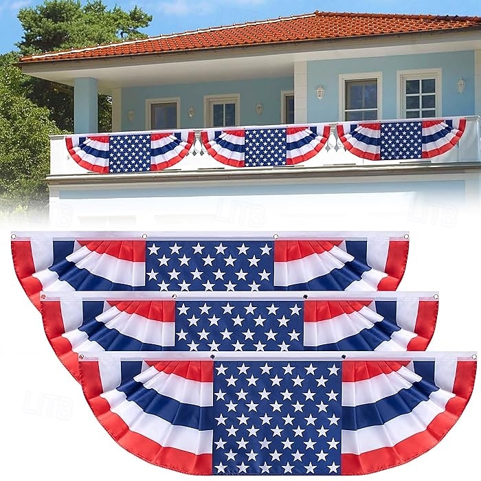 Conjunto de 3 bandeirinhas americanas plissadas de 1,5 x 45 cm (5 x 1,5 pés), bandeirinhas patrióticas americanas tradicionais para o 4 de julho, bandeira americana plissada em formato de leque para de 2026 por $39.99 –P1