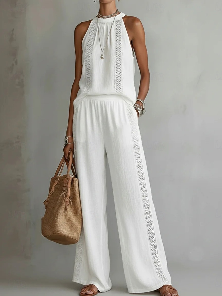 Women's Two Piece Sets T Shirt Pants Sets Sleeveless Halter Neck Plain Basic Casual Daily Vacation White Yellow Pink Summer Loose Fit 2026 - $37.99 –P1