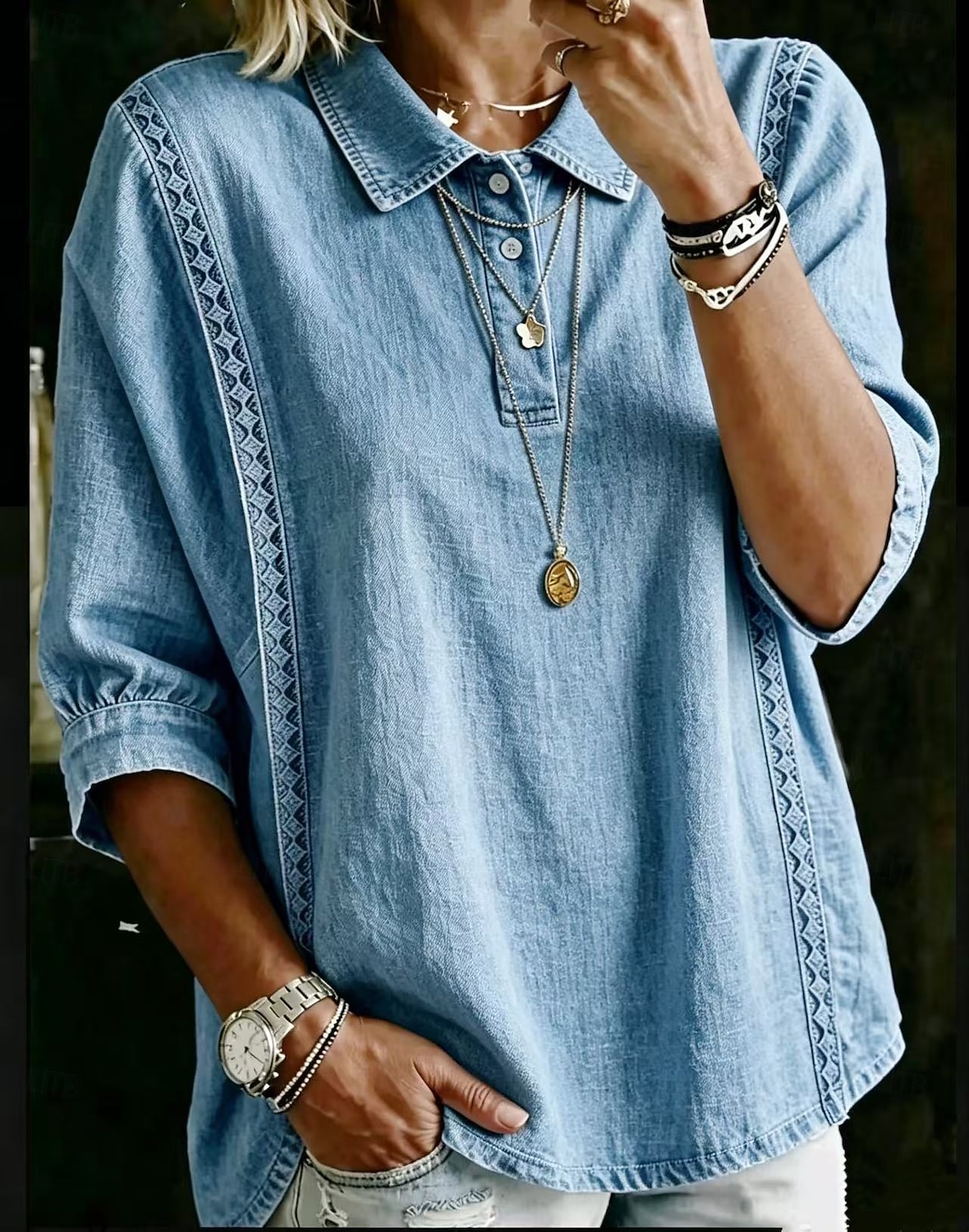 Women's Polo Shirts Blouse Lace Tops Plain Bohemia 3/4 Length Sleeve Lapel Regular Tops Light Blue White Pink Royal Blue Sky Blue Summer Spring 2026 - $31.99 –P4