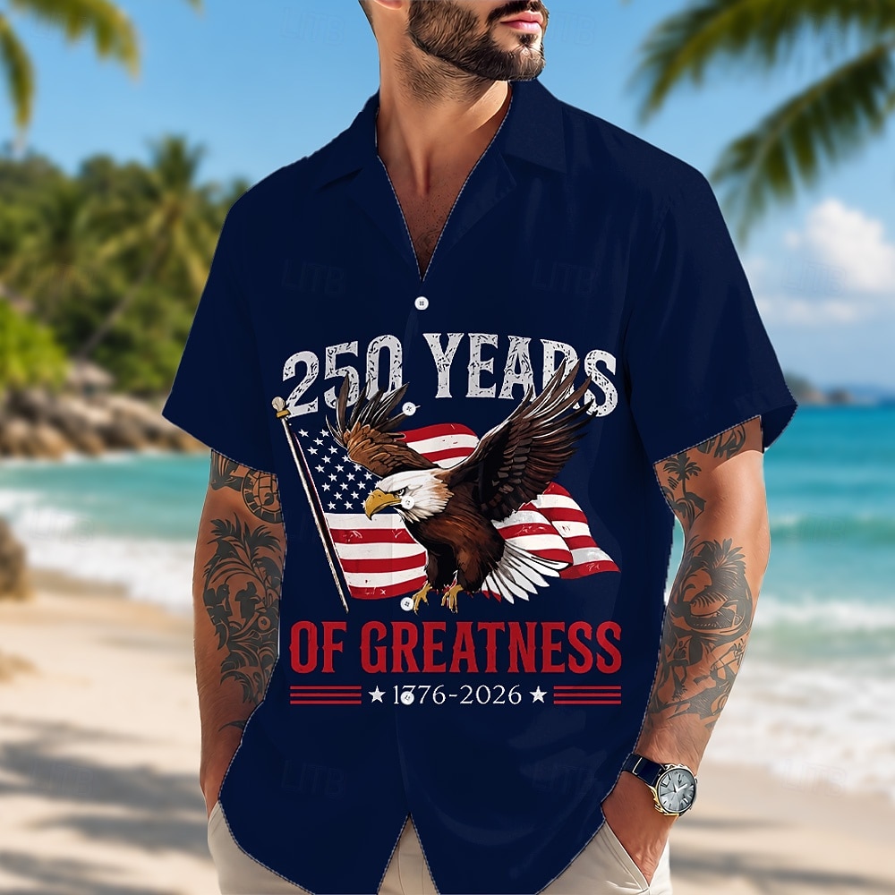 Camicia a maniche corte da uomo per il 250° anniversario con bottoni aquila patriottica bandiera americana top estivo per le vacanze del 2026 a $25.99 –P4