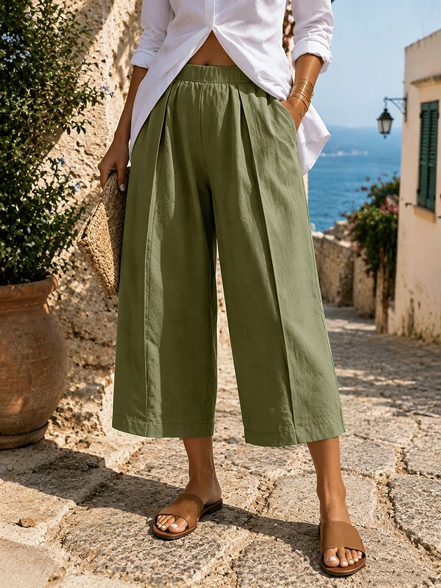 Mujer Pantalones Capri Perneras anchas Vacaciones Casual Capris Alta cintura PEC Negro Amarillo Caqui Verano 2026 - $26.99 –P4