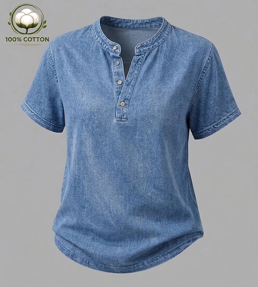 softfade™ dameskjorte i 100 % bomull, henley, vintage, mote, stilig, kortermet, vanlige topper, avslappet, strand, blå, khaki, svart, lilla, oransje, vår 2026 - $28.99 –P9
