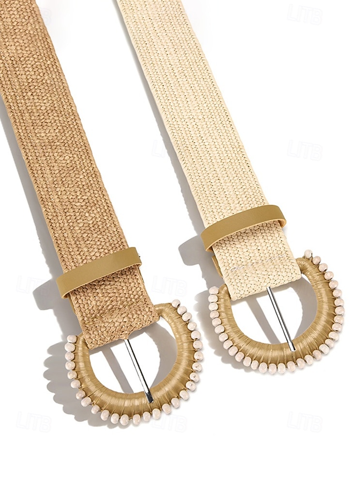 Women's Boho Straw Woven Belt, Wide Raffia Waist Belt with Beaded Buckle, Casual Cinch Belt for Summer Beach Vacation & Daily Wear, Khaki/Beige 2026 - $11.99 –P6