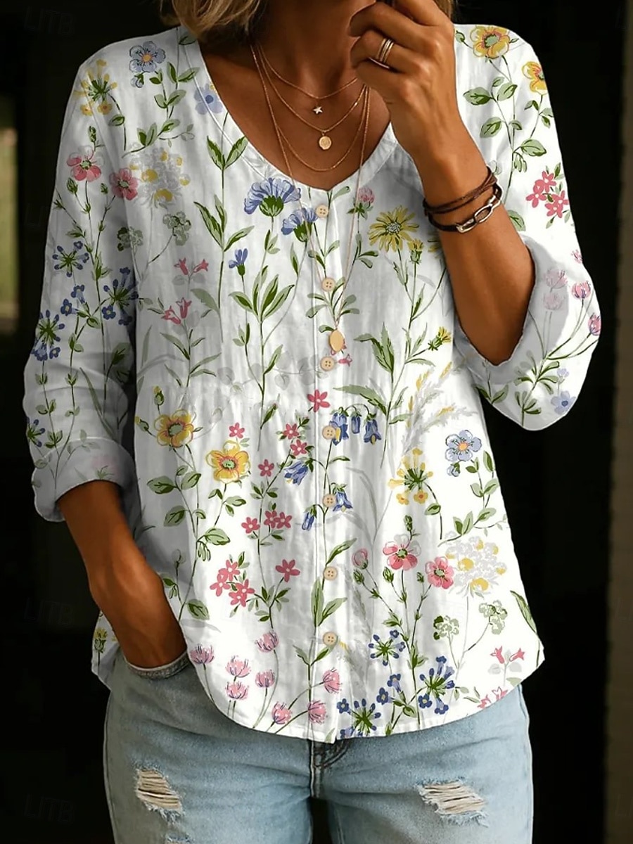 Per donna Camicia Bottoni Stampato Floreale Grafico Vintage Quotidiano Elegante Manica Lunga Scollo a V Top Regolari Casuale Quotidiano Bianco Rosa Beige Estate Primavera del 2026 a $34.99 –P4