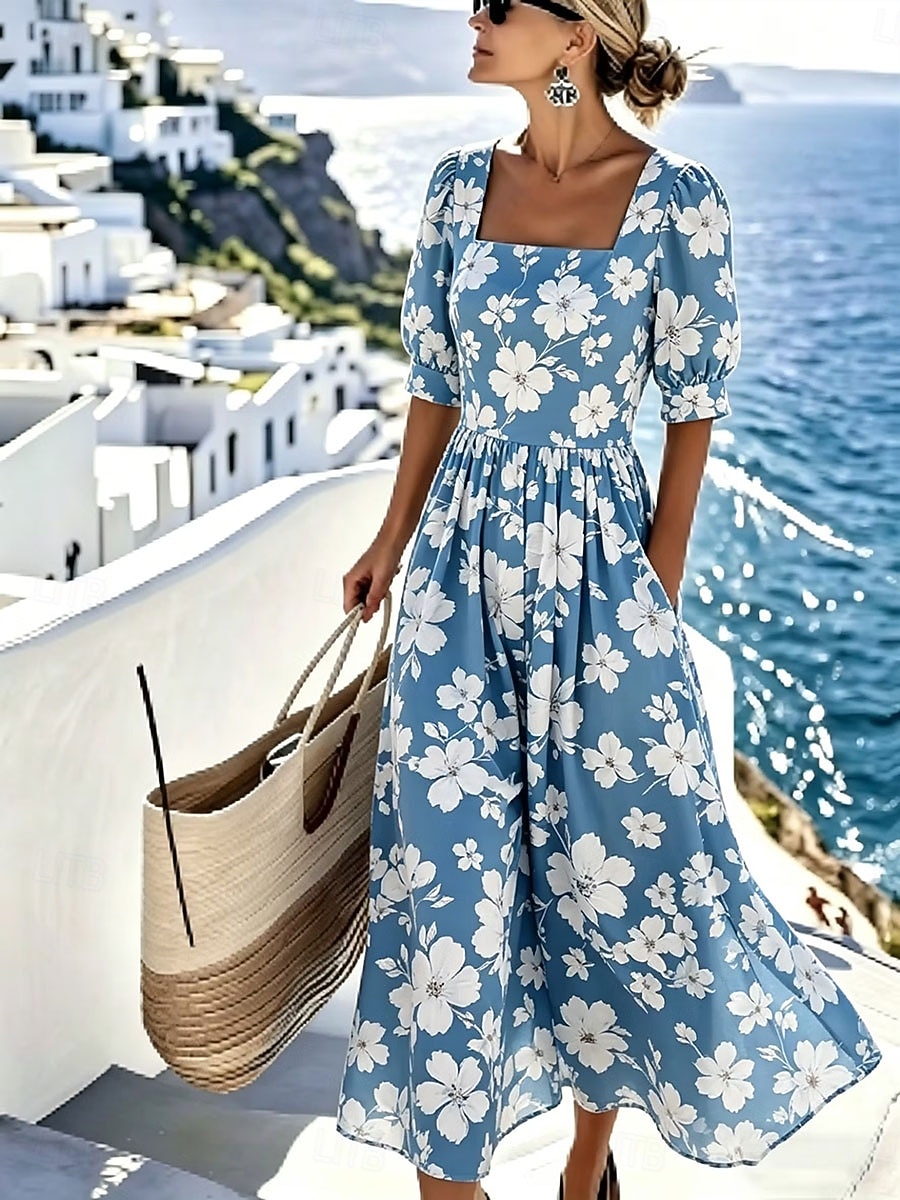 Damskie Sukienka midi Codzienne sukienki Sukienka A line Elegancja Urlop Elegancki Plaża Święto Regularny Kwiaty Graficzny Rękaw 1/2 Kwadratowy dekolt Niebieski Rumiany róż Zielony Lato Wiosna 2026 - $20.49 –P3