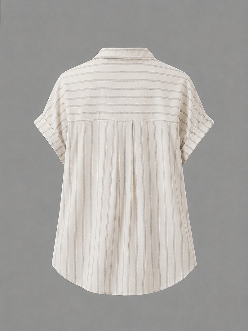 Women's Shirt Button Up Buttons Striped Fashion Casual Short Sleeve Turndown Regular Tops Casual Apricot Summer Spring 2026 - $31.99 –P2