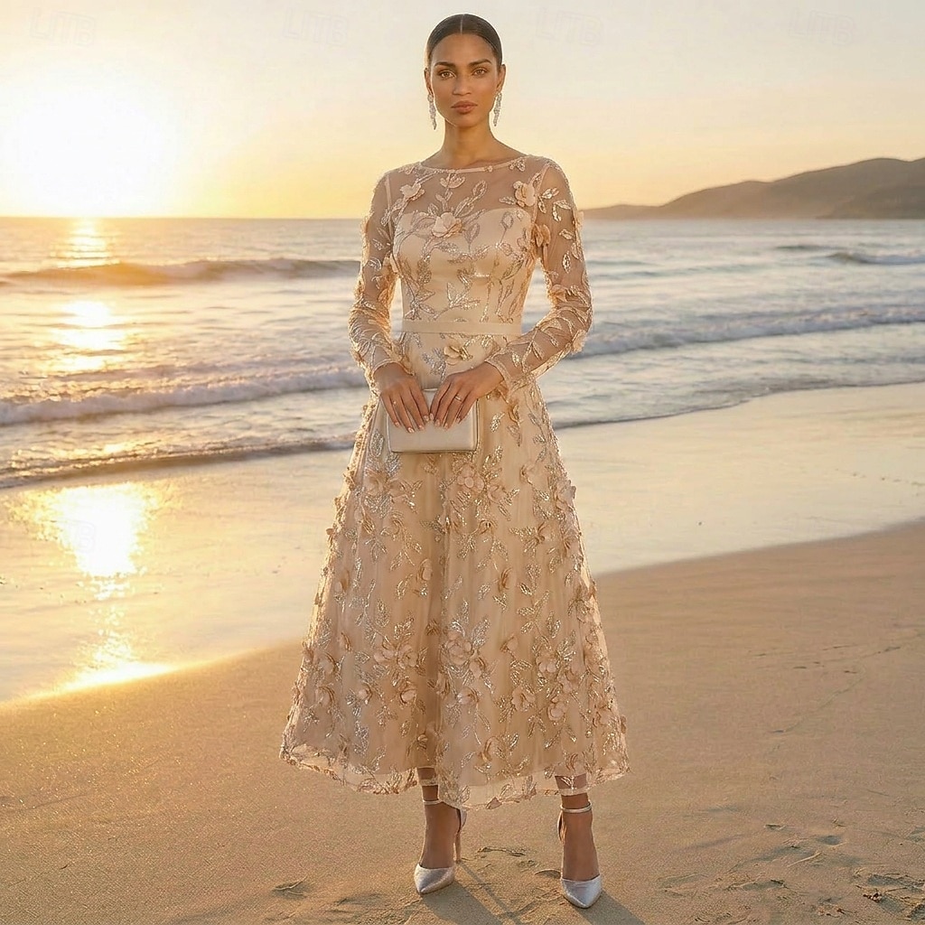 A-Line Dress Ankle Length Cocktail Dress Wedding Guest Dress Mother of the Bride Dress Long Sleeve V Neck Elegant Luxurious Casual Formal Wedding Guest Kentucky Derby Lace Tulle with 3D Flowers 2026 - $171.99 –P2