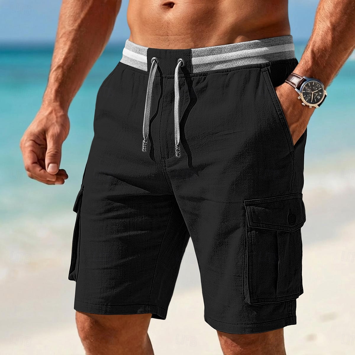 Homme Shorts cargo Shorts en Lin Shorts d'été Shorts de plage Cordon de serrage Taille Élastique Poche cargo Bloc de Couleur Couleur Pleine Confort Respirant Longueur Genou Occasionnel Quotidien Plage de 2026 ? $29.99 –P9